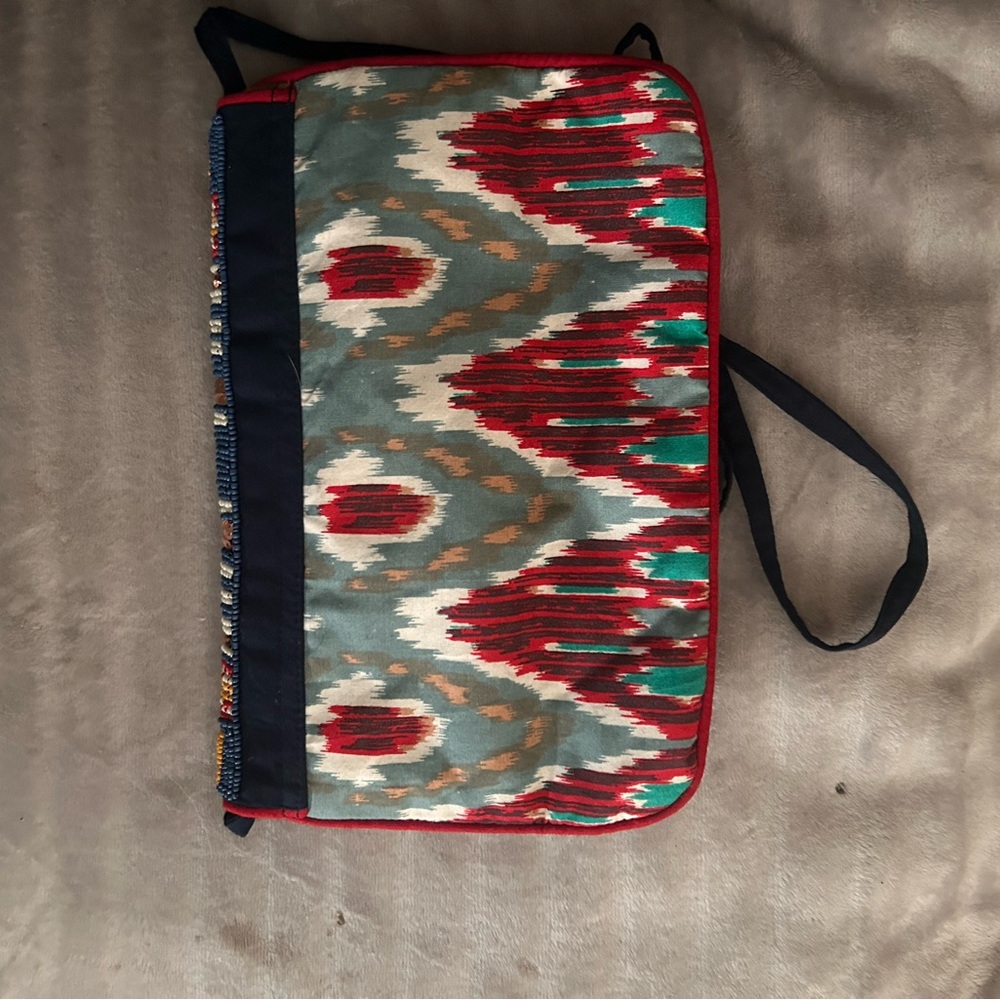 Cost Plus World Market Red and Green Mini Bag with Ikat Pattern
